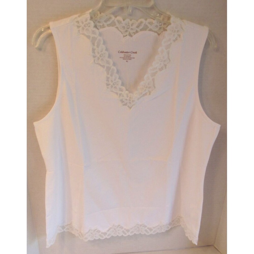 Coldwater Creek White Lace Trim V-Neck Sleeveless Tank Top XL Cotton Spandex New